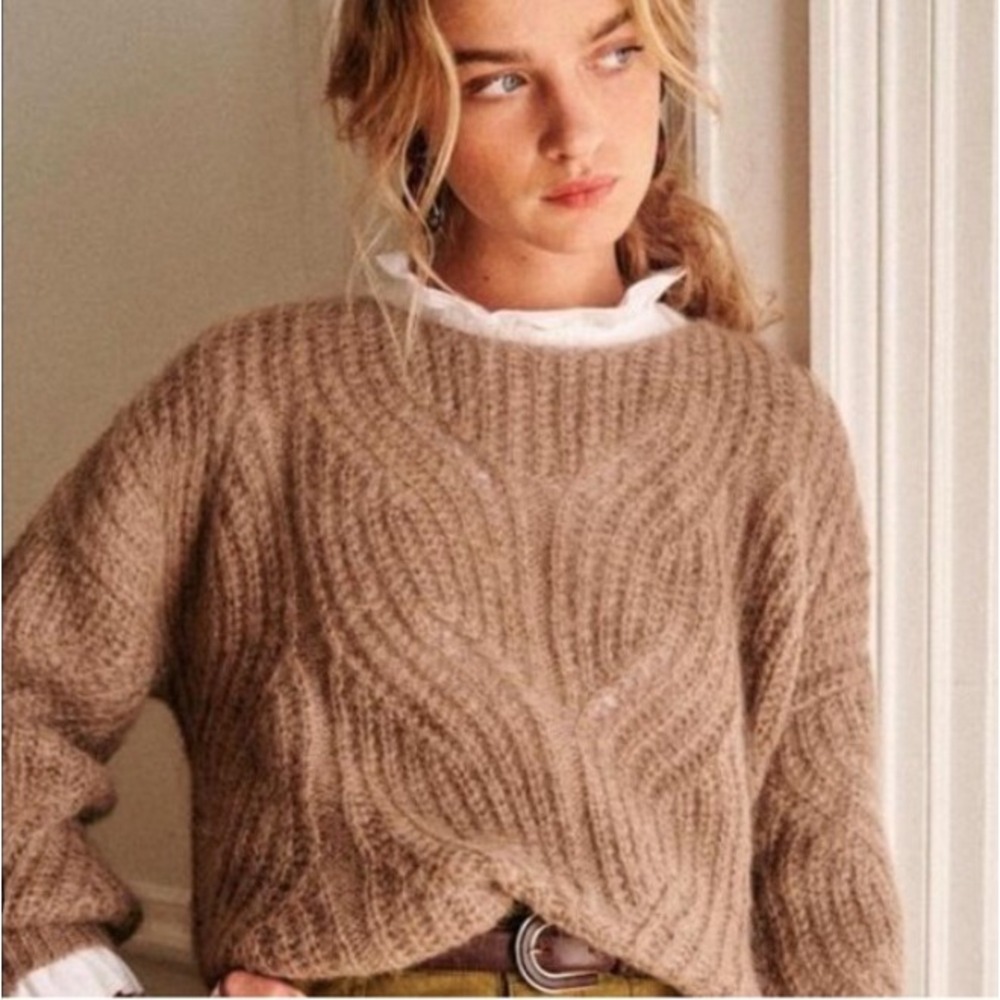 Sezane Gisele Sweater Small Camel Brown Kid Mohair Merino Wool Knit Chevron Rib - Picture 3 of 9